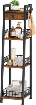 4-Tier Narrow Bathroom Table Ladder Shelf with Drawer, Bathroom Stand Floor Storage Shelf, Freestanding Tower Shelf Ladder -Rustic Brown.