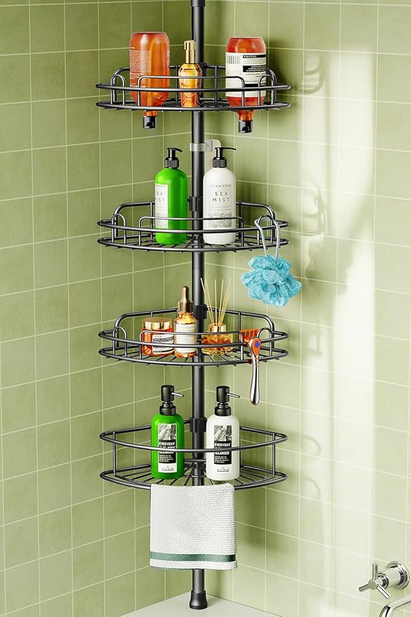HAMITOR Corner Shower Caddy Tension Pole: 4-Tier Rust-Resistant Adjustable Bathroom Organizer Shelves - 47-121 Inch No-Drill Quick Installation - Space-Saving Storage for Renters Families - Black