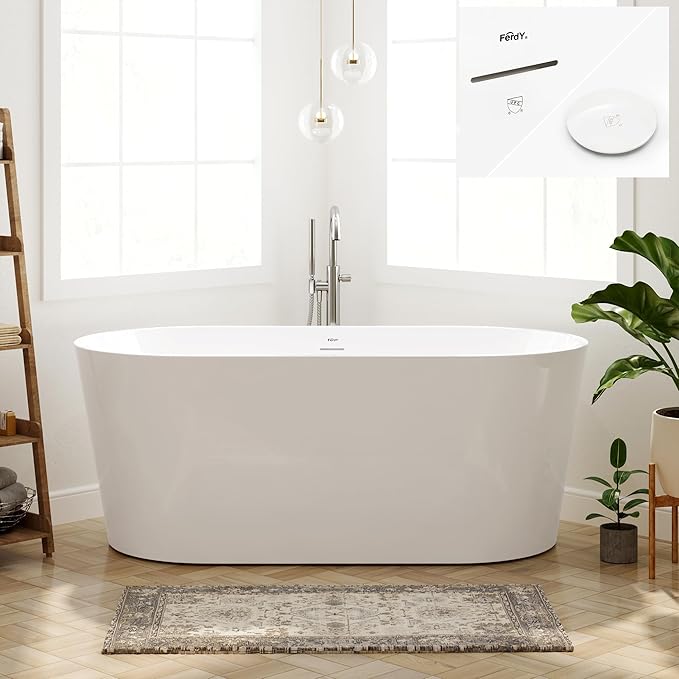 FerdY Shangri-La 59" Acrylic Freestanding Bathtub, Gracefully Shaped Soaking Bathtub, Glossy White, cUPC Certified, Polishe White Drain & Minimalist Linear Design Overflow Included, 02522