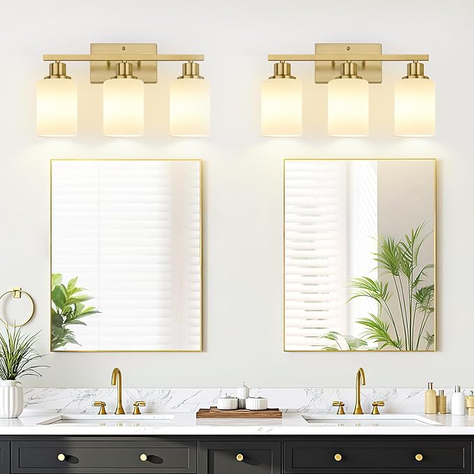 3-Light Bathroom Light Fixtures, Brushed Gold Vanity Light with Milky White Shades, Bathroom Lighting Fixtures Over Mirror, Modern Bathroom Wall Lamp for Mirror Living Room Cabinet Bedroom