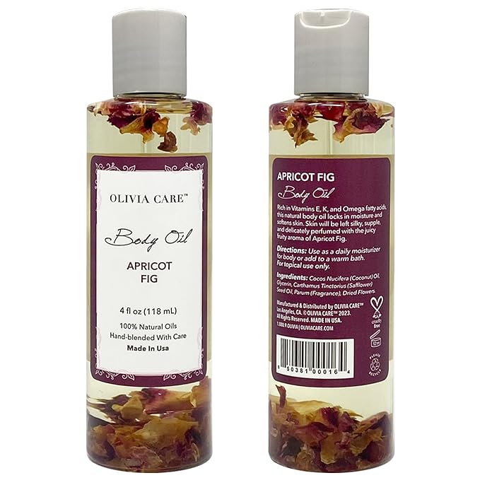 Olivia Care Body Oil Apricot Fig Vegan & Natural Moisturizing - Infused with VITAMIN E, K & Omega Fatty Acids - Refreshing Fragrance - Reduce Dry Skin, Anti-Aging Properties (Apricot Fig)