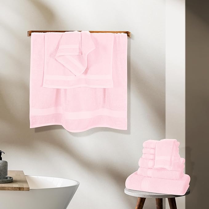 GLAMBURG Ultra Soft 24-Piece Towel Set - 100% Pure Ringspun Cotton, Contains 8 Oversized Bath Towels 27x54, 8 Hand Towels 16x28, 8 Wash Cloths 13x13 - Ideal for Everyday use, Hotel & Spa - Pink