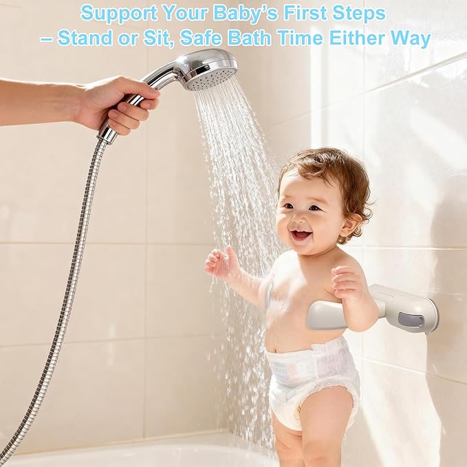 Baby Shower Stand, No-Drill Bath Support with Strong Suction Cups, Adjustable Foldable Baby Bath Helper for Toddler Standing Assist, Ideal Gift for Infants 6-36 Months