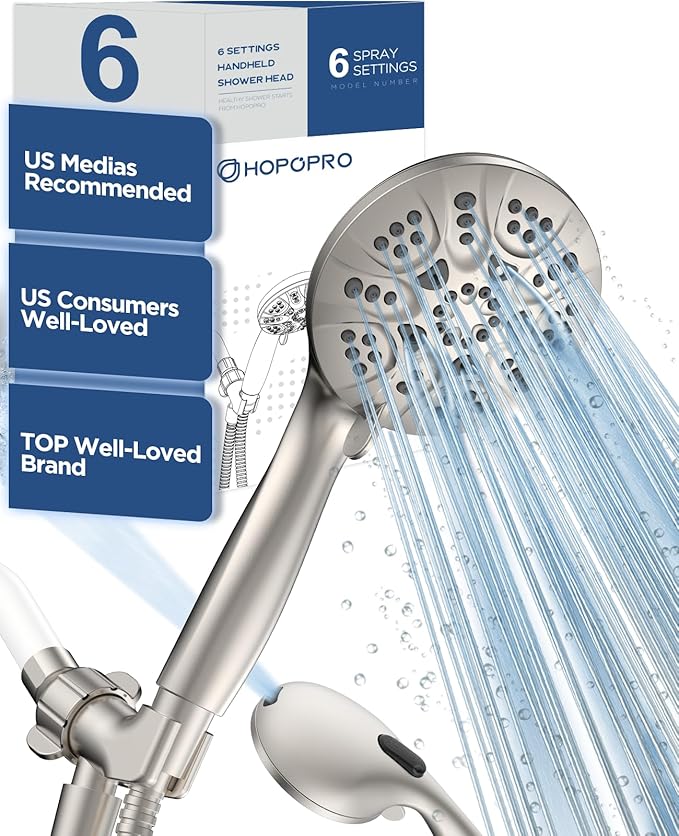 6-Mode High Pressure Handheld Shower Head with Power Wash, HOPOPRO High Flow Hand Held Showerhead Set with Built-in Power Spray to Clean Tub Tile Pets Bathroom Flooring
