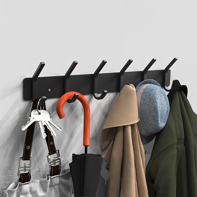 VAEHOLD Wall Hooks Coat Hooks Wall Mounted, Coat Rack with 6 Double Hooks for Hanging Towel Hat Coat Robe Bag Key for Bathroom Kitchen Bedroom 2 Pack