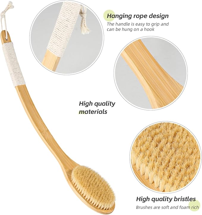 Bath Body Brush Shower, 22" Super Long Curved Bamboo Handle Antiskid Back Body Scrubber Wet/Dry Brushing, Moderately Soft Natural Bristle Body Brush for Showering