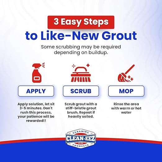 Clean-eez Grout-eez Tile Cleaner with Handheld Brush – 32 oz Heavy-Duty Stain Remover for Ceramic and Porcelain Surfaces – Safe for Colored Grout – Not for Natural Stone – Bathroom & Kitchen Use