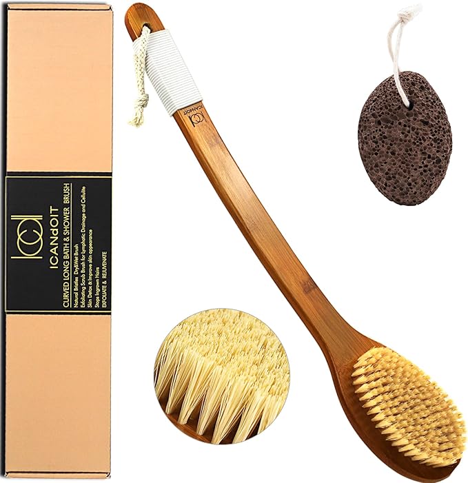 ICANdOIT-17.71Inch Natural Stiff Sisal Bristles Anti-Slip Long Handle Bath Brush,Bent Handle Shower Scrubber for Exfoliating,Shower Back Brush,Exfoliation Set with Pumice Stone(1 Pack)