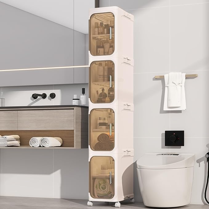 KHNR 4-Tiers Slim Bathroom Storage Cabinet, Foldable Storage Cabinets,Narrow Bathroom Storage,Movable Bathroom Storage Organizer for Small Spaces,Bathroom,Kitchen,Laundry,Cream White