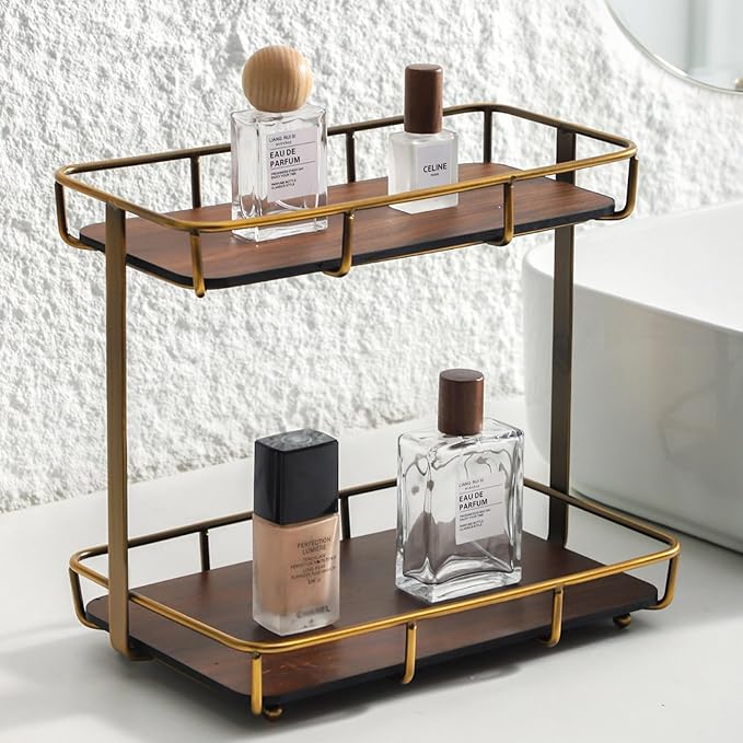 Bathroom Organizer Countertop Perfume Organizer Makeup Organizer Cosmetics Storage Display Rack Vanity Tray Dresser Stainless Steel Gold Shelf Wooden Tray