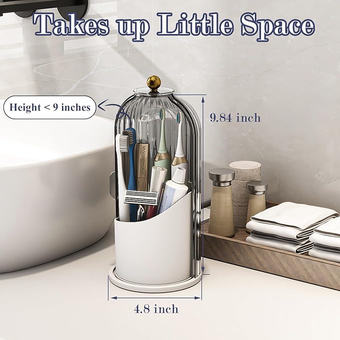 Dustproof Toothbrush Holders with Cover, Rotating Electric Toothbrush and Toothpaste Holder for Bathroom Countertop, 3 Slots Makeup Brushes Organizer, Grey White