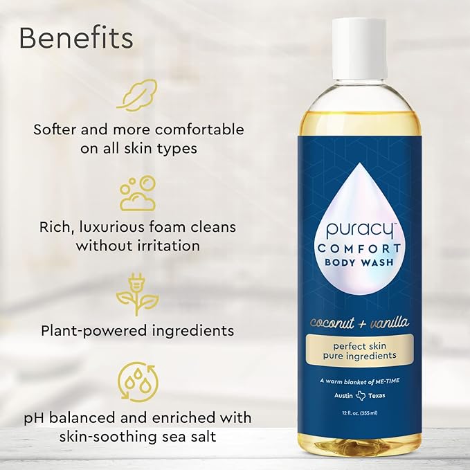 Puracy Body Wash, Natural Body Wash, 98.6% Pure Plant Ingredients, Moisturizing Shower Gel for Women Men Kids, Body Soap for Dry Sensitive Skin. Gently Scented with Coconut & Vanilla 12 Oz (2-Pack)