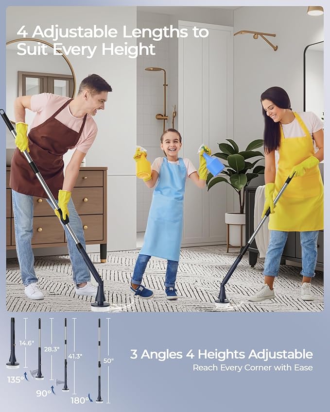 MayKing Electric Spin Scrubber with 9 Brush Heads, 3-Angle & 4-Length Adjustable Cordless Power Scrubber, 3-Speed & Battery LED Display, Electric Scrubber for Cleaning Bathroom Bathtub Floor Tiles