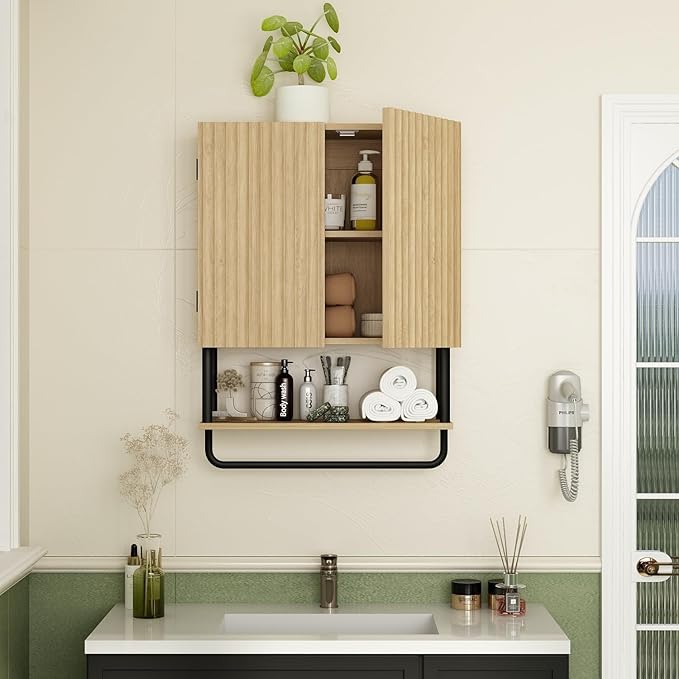 RUSTOWN Farmhouse Bathroom Wall Cabinet with 2 Door, 3-Tier Curved Profile Wooden Medicine Cabinet, Wall Mounted Storage Cabinet with Adjustable Shelf and Towel Bar (Natural, Small)