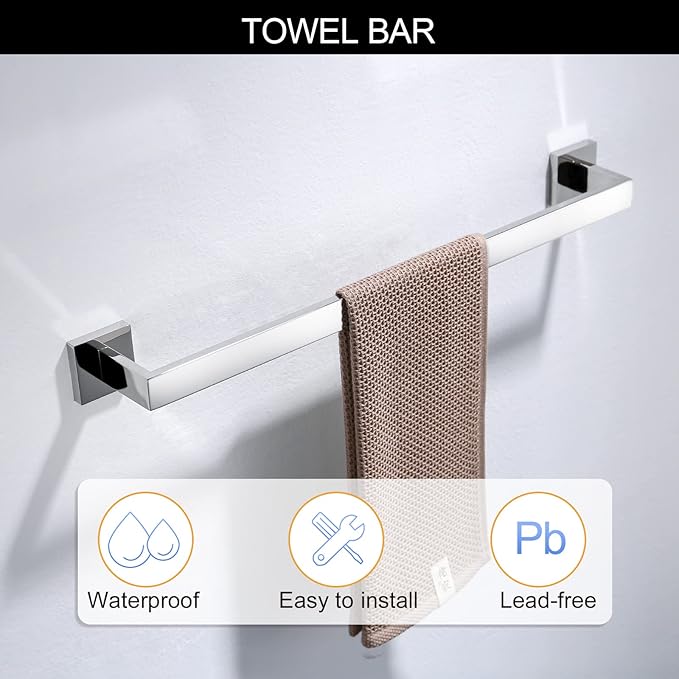 Bathroom Towel Bar Set Toilet Paper Holder with Shelf, Polished Chrome Bathroom Accessories Set, 23.6 Inch Towel Bar Towel Ring Towel Hook 5-Piece Bathroom Hardware Set
