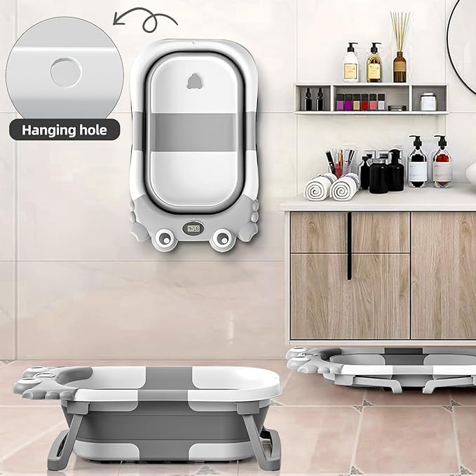 Collapsible Baby Bathtub for Newborns to Toddler with Real-time Temp Monitor & Floating Cushion,Portable Travel Tub for 0-36 Month, Foldable Baby Bath Tub for Infants Boy (Grey)