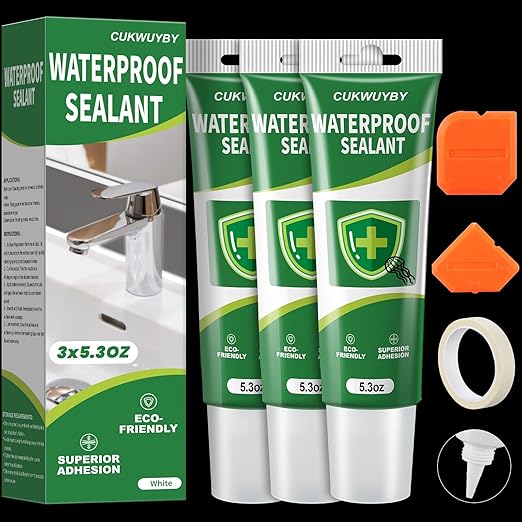 15.9 Oz Silicone Caulk (3 Pack 5.3 Oz) Squeeze Tube Waterproof Silicone Sealant for Kitchen Bathroom Stronger Adhesion White Caulk for Window Toilet Sink Caulking Sealant with Tape and Scraper