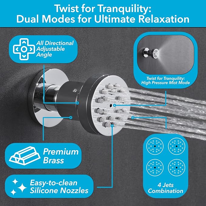 VANFOXLE Shower Faucet Set Chrome Shower System,Push Button Diverter Shower Faucet with 2 in 1 Handheld,Ceiling Mount 10 Inch Shower Head with 4 PCS Dual Modes Body Jets(2 Inch)