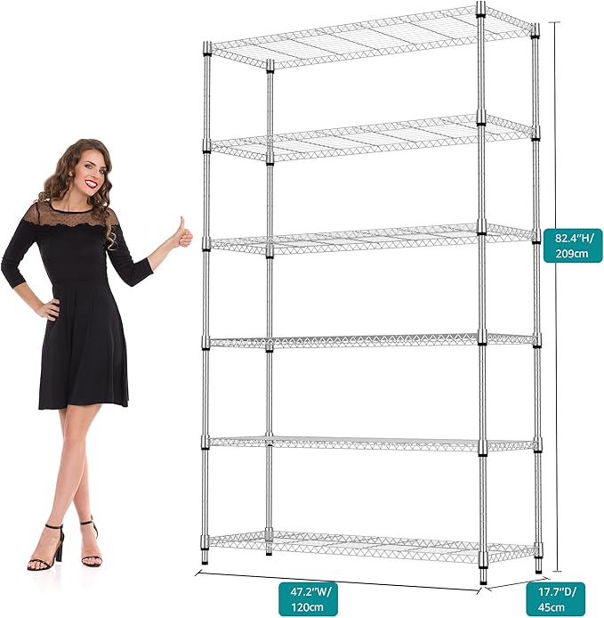 6 Tiers Shelf 2100 lbs Steel Storage Shelving Utility Shelving Unit Steel Organizer Wire Rack for Home,Kitchen,Office,Garage Chrome 17.7" D x 47.2" W x 82.4" H