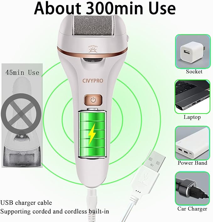 Electric Callus Remover for Feet, Long Service Time Foot Scrubber, Rechargeable Electronic Foot Files, Professional Pedicure Tools Pedicure Kit Feet Care for Crack Heel, Women Gift (White)