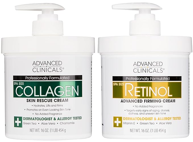 Advanced Clinicals Retinol Body Lotion + Collagen Cream Fragrance Free Face Moisturizer & Body Cream 2pc Skincare Set For Women & Men Helps Reduce Appearance Of Crepey Skin, Wrinkles, & Dry Skin, 2pc