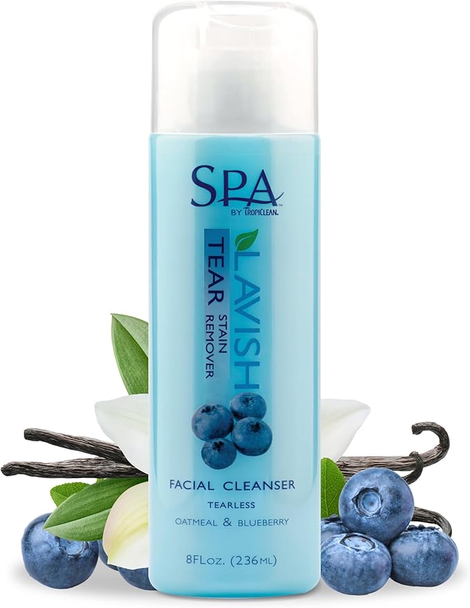 TropiClean SPA Tear Stain Remover for Dogs | Blueberry Facial Shampoo | Odor Eliminator | Tearless | Whitening and Brightening | Made in USA | 8oz.