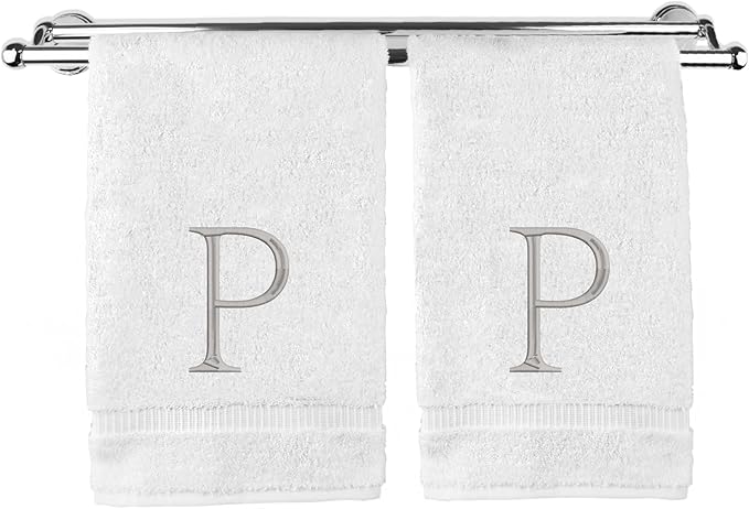 Monogrammed Hand Towel, Personalized Initial Gift, Extra Absorbent 100% Turkish Cotton - Soft Terry Finish - Set of 2 - Silver Block Initial P - Embroidered on White Towels