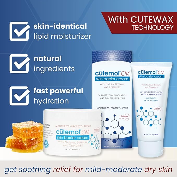 Cutemol CM Emollient Moisturizing Cream - For Severely Dry and Damaged Skin - Natural Beeswax Formulation containing Ceramides - Hydration for Cracked Hands and Feet, Eczema, Psoriasis (8 oz)