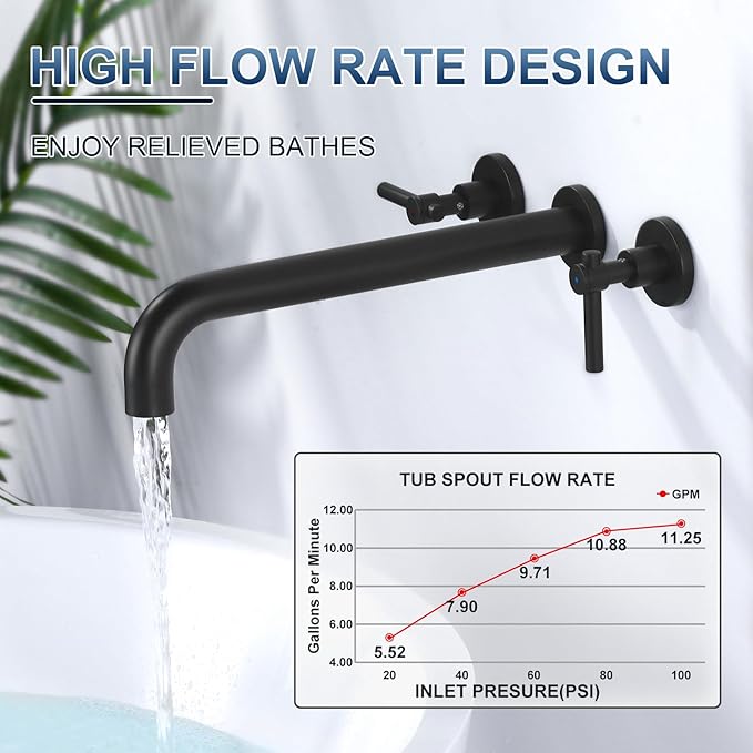 Wall Mount Tub Filler Tub Faucet High Flow Bathtub Faucets Two Handles Solid Brass, 12" Long Spout Reach, Matte Black