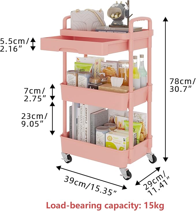 Calmootey 3-Tier Rolling Utility Cart with Drawer,Multifunctional Storage Organizer with Plastic Shelf & Metal Wheel,Storage Cart for Kitchen,Bathroom,Living Room,Office,Pink