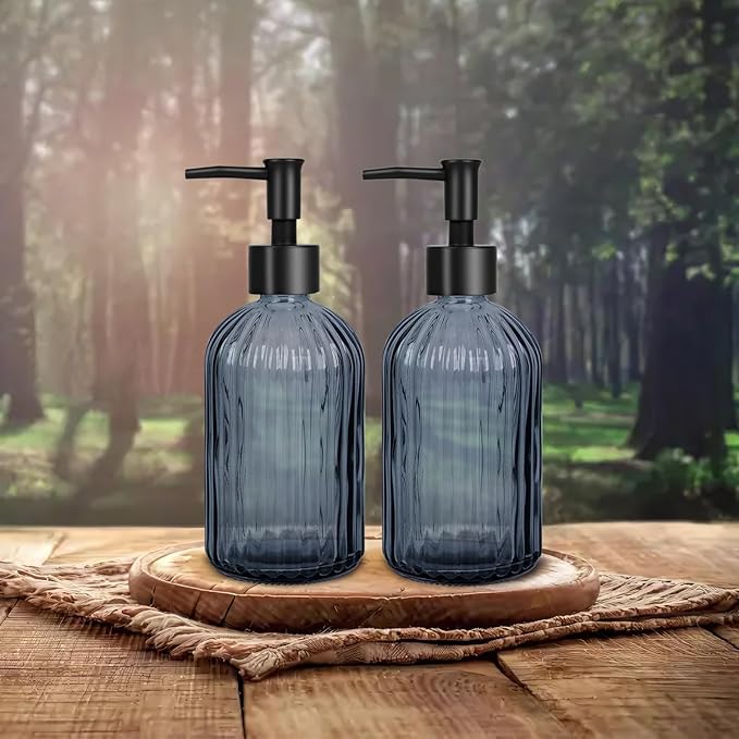 Glass Soap Dispenser with Plastic Pump, Hand Soap Dispenser for Hand Wash, Lotion Dispenser for Dishwashing Liquid, Lotion Shower Gel (Striped Blue Grey)