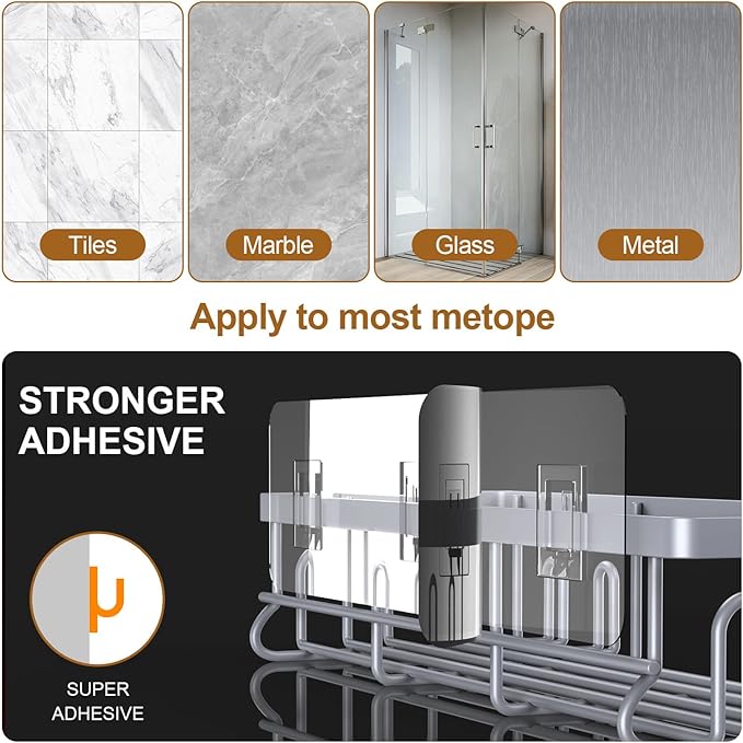 2025 New Adhesive Shower Caddy, Shower Shelves with 16 Hooks, Grey 2 Pack