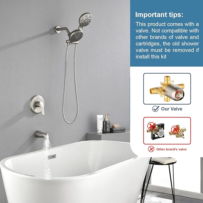 Shower Tub Kit Dual Shower System with Tub Spout Tub and Shower Faucet Set Complete Dual Shower Head and Handheld Combo Set Tub and Shower Trim Kit Brushed Nickel