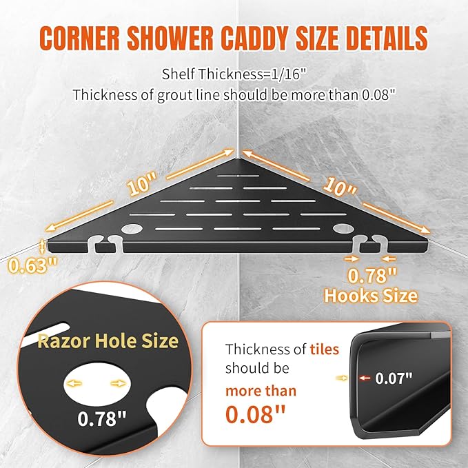 Shower Corner Shelf Organizer Rack with Hooks & Razor Hole, No Drilling Tile Shower Shelves, Rustproof Stainless Steel Bathroom Shelves Basket, Modern Corner Shelf for Bathroom, 2Pack-Black