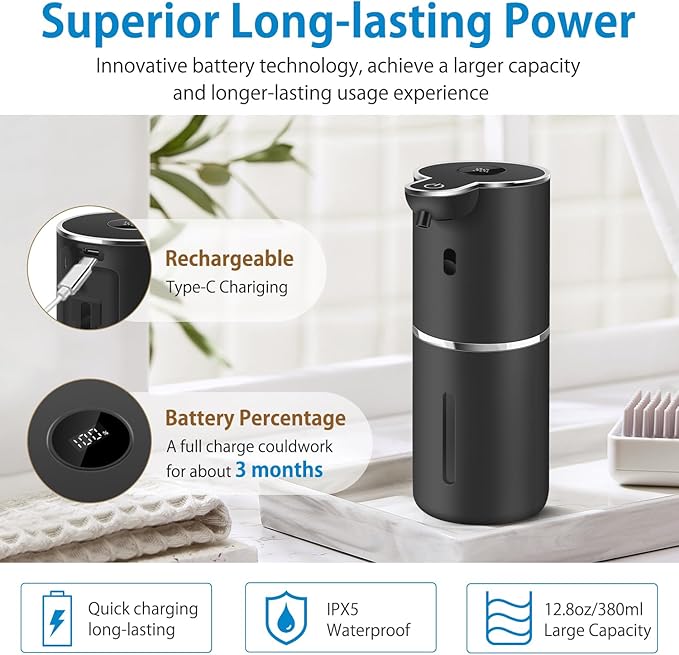 Automatic Liquid Soap Dispenser 12.8oz, Rechargeable & 6 Levels Soap Adjustable with Digital Display, Wall Mount, Waterproof, Touchless Hand/Dish Soap Dispenser for Kitchen, Bathroom, Hotel