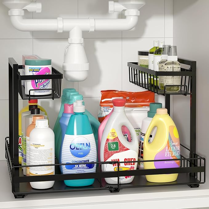 NADAMOO Expandable Under Sink Organizer 2-Tier Black Metal Storage Shelf, Adjustable Under Cabinet Organizer for Kitchen & Bathroom, Space-Saving Rack for Cleaning Supplies & Laundry Essentials