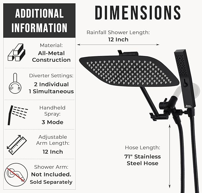 G-Promise All Metal 12 Inch Dual Square Shower Head with Handheld Spray Combo, Rain Shower Head, Adjustable Extension Arm, 3-Way Diverter, 71 Inch Extra Long Hose - A Bathroom Upgrade (Matte Black)