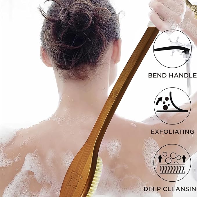 ICANdOIT-17.71Inch Natural Boar Bristles Anti-Slip Long Handle Bath Brush,Bent Handle Shower Scrubber for Exfoliating,Shower Back Brush,Exfoliation Set with Pumice Stone (1 Pack)