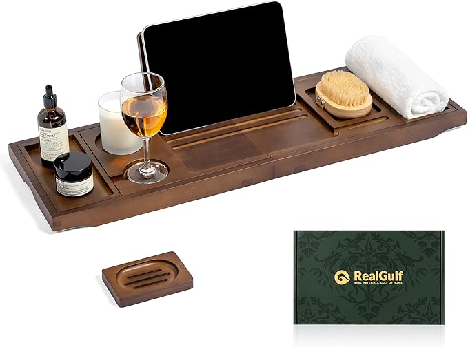 Bamboo Bathtub Tray, Bath Caddy with Wine Glass Holder, Phone Dock & Book Stand | Hands-Free Reading & Ultimate Spa Relaxation Experience-Brown
