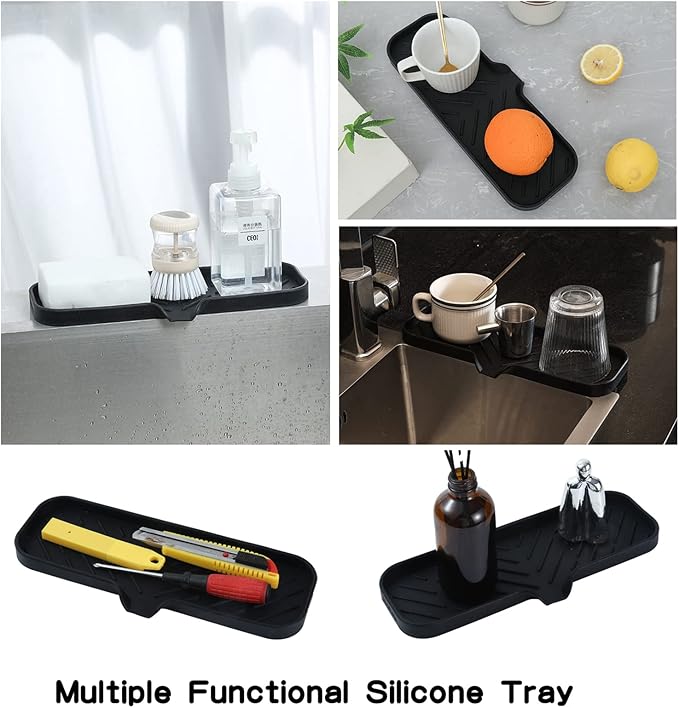 Silicone Bathroom Soap Dishes with Drain Spout-Bathroom and Kitchen Sink Organizer,Sponge Holder,Dish Soap Tray,Perfect for Dispenser,Scrubber,Bottle,Cup on Sink or Counter-Black 12"×4"