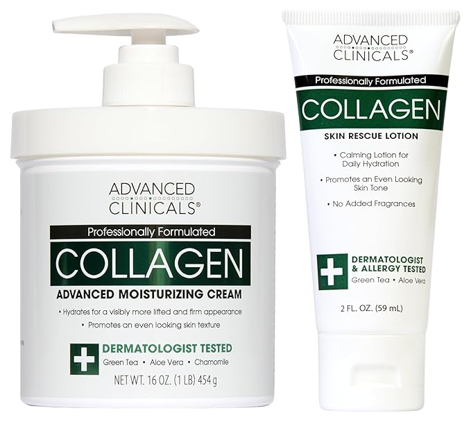 Advanced Clinicals Collagen Cream Body Lotion & Face Moisturizer | Skincare Anti Aging Collagen Lotion For Women, Men, Hand, & Neck Improves Look Of Crepe Skin & Uneven Dry Skin, 16Oz + Travel Size