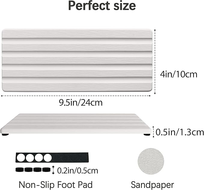 Diatomite Soap Dish, Water Absorbing Stone Tray, Kitchen Sink Organizer, Fast Drying Counter Holder (White, 9.5" x 4"/24 x 10cm)