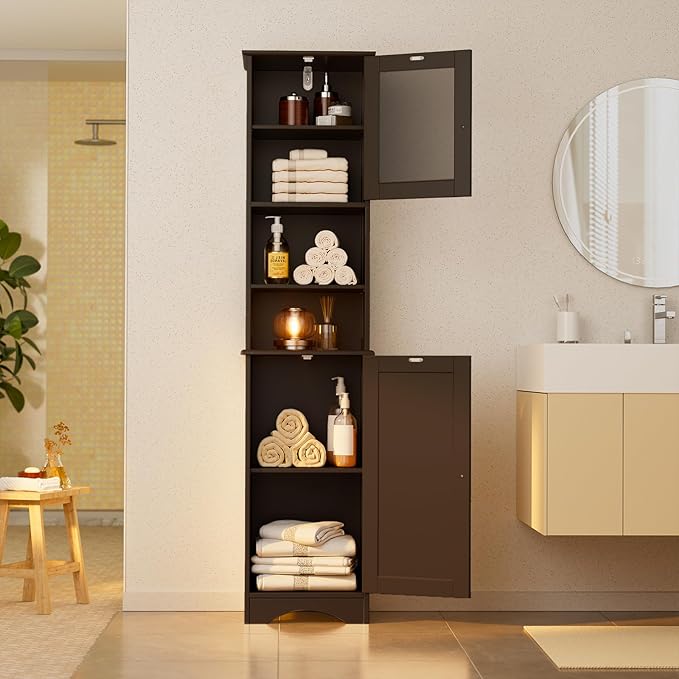 Gizoon Tall Bathroom Storage Tower, Freestanding Linen Cabinet with Two-Way Doors, Adjustable Shelves, Anti-Tip Floor Cabinet, for Home, Kitchen, Living Room, Dark Brown