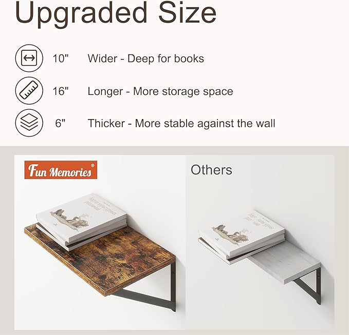 10 Inch Deep Floating Shelves, Floating Shelf 16 Inch Long, 16"W x 10"D Wall Shelves Set of 2, Deep Shelf for Books, Wide Floating Shelves for Bahtoom, Living Room, Kitchen, Rustic Brown