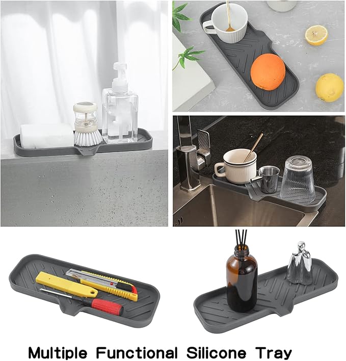 Silicone Bathroom Soap Dishes with Drain Spout-Bathroom and Kitchen Sink Organizer,Sponge Holder,Dish Soap Tray,Perfect for Dispenser,Scrubber,Bottle,Cup on Sink or Counter-Grey 12"×4"