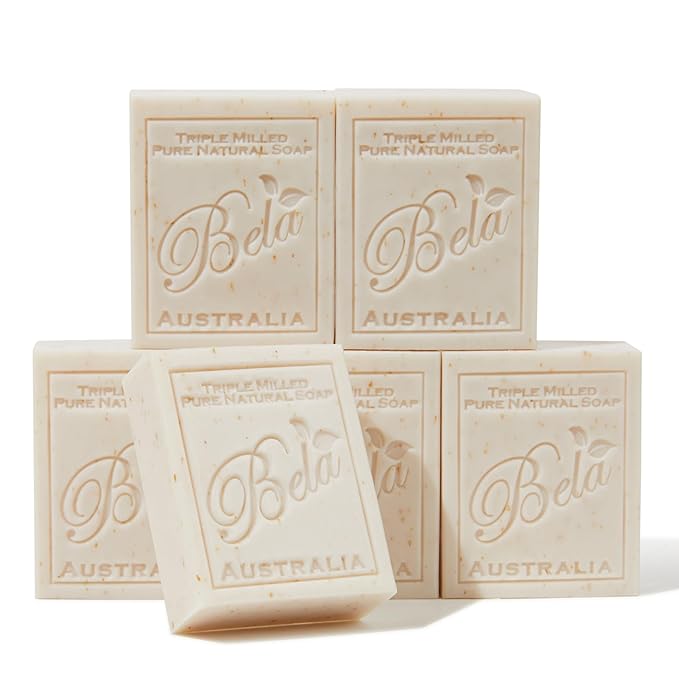 BELA Oatmeal Soap with Milk and Bran 3.3 OZ, Pack of 6, Long Lasting French Triple Milled Bar Soap with Organic Shea Butter, Hand, Face and Body Wash Bars, Made in Australia