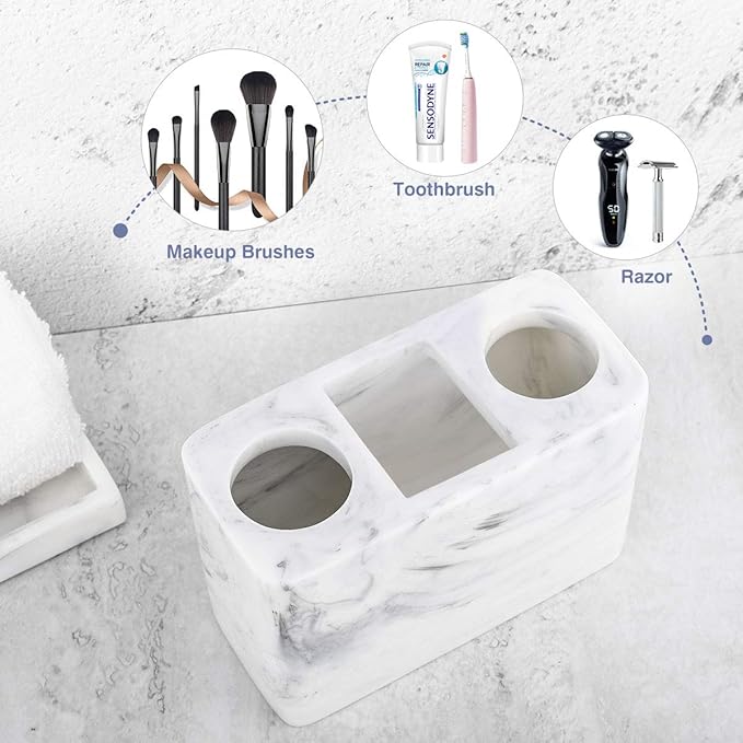 Luxspire Electric Toothbrush Holder, 3 Slots Large Marble Toothbrush Toothpaste Stand, Resin Storage for Bathroom Accessories Vanity Counter Sink Organizer Caddy Marble Style- Ink White