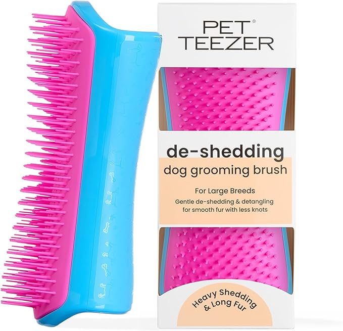 Pet Teezer De-Shedding Dog Brush by Tangle Teezer, Dog Grooming Tool for Long Haired Breeds and Wet or Dry Fur, Large, Blue & Pink