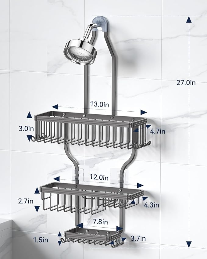 YASONIC Shower Caddy Hanging - Never Rust Organizer - Aluminum over The head caddy with 10 Hooks for Razor/Sponge - Shower Rack with Soap Basket - Grey