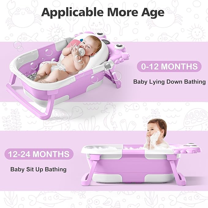 Collapsible Baby Bathtub for Newborns with Thermometer and Soft Floating Cushion Portable and Foldable Travel Baby Bath Tub for Infants to Toddler 0-36 Month (Purple)